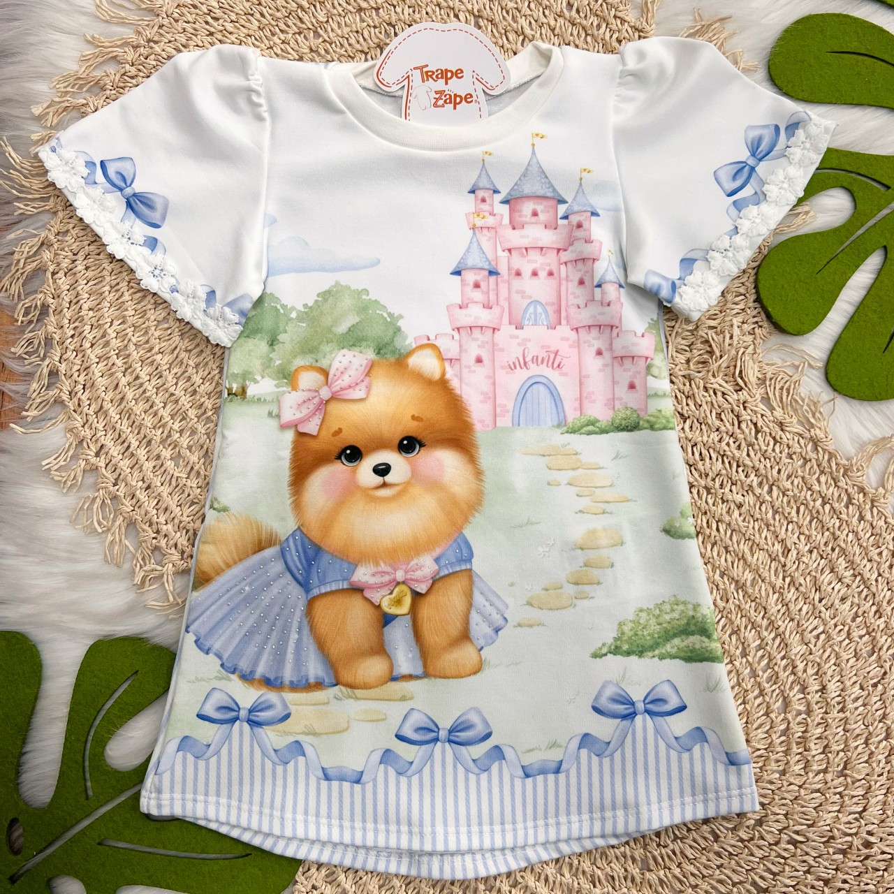 Vestido Doguinha com Castelo - Off White e Azul Bebê